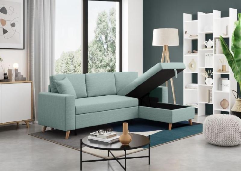 Canapé d'angle réversible convertible ARKO bleu clair avec méridienne réversible, coffre et coussins assortis_3