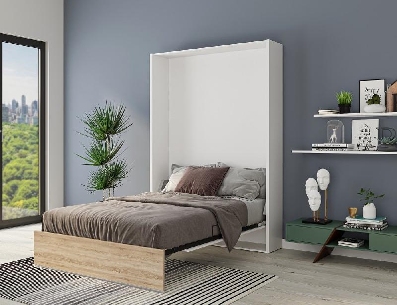 Armoire lit escamotable Aladyno - Blanc mat et bandeau chêne - 140x200 cm avec système d'ouverture assistée_3