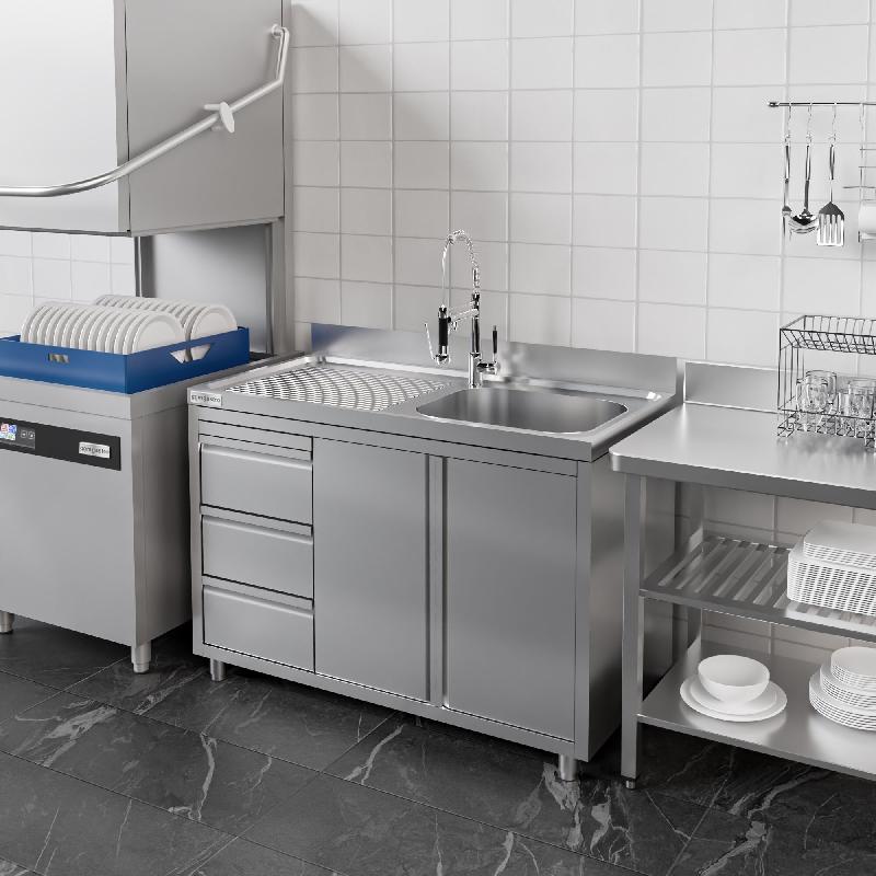Plonge inox 1 bac à droite et égouttoir sur placard avec 3 tiroirs - 1200 x 600 mm_3