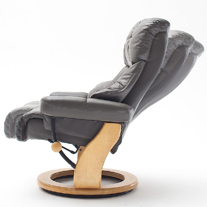 Fauteuil relax Clairac XL - assise en cuir marron nougat, pied en bois naturel avec repose-pied, inclinable 135° et rotation 360°_3