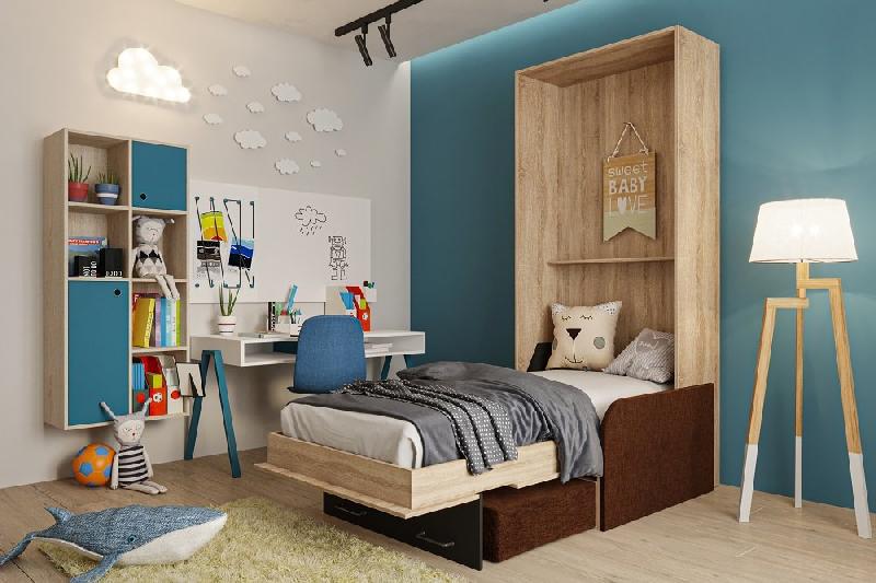 Lit escamotable style industriel KEY SOFA - canapé avec accoudoirs tissu marron, tiroirs de rangement, 90x200 cm_3