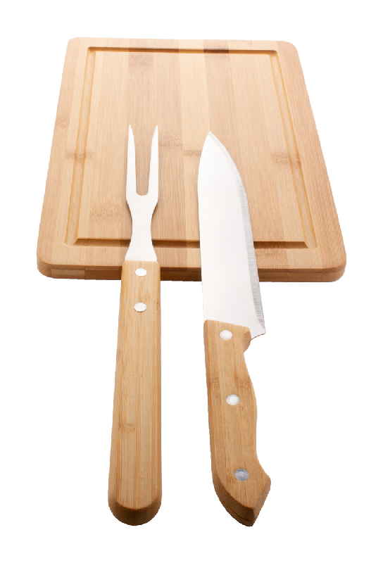 Set pour découper la viande - planche en bambou, fourchette et couteau en acier inoxydable_3