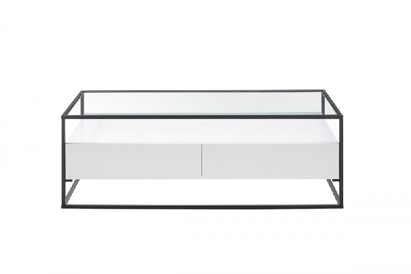 Table basse design Edmonton 120 cm - Blanc mat - Plateau verre trempé - Piètement acier époxy - 2 tiroirs_3