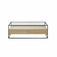 Table basse design Edmonton 120 cm - décor chêne, piètement acier époxy, plateau verre trempé, 2 tiroirs_3