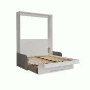 Armoire lit escamotable KOMPACT SOFA - Blanc mat - Canapé avec tiroirs et accoudoirs tissu gris - Couchage 140x200 cm_3