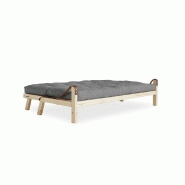 Banquette futon POETRY en pin massif - Coloris gris granit - Couchage 130 x 190 cm - Accoudoirs en cuir_3