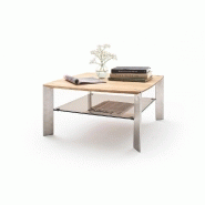 Table basse NEVERS en bois de chêne massif huilé et acier - 80 x 80 cm avec étagère en verre trempé teinté bronze_3