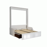 Armoire lit escamotable Dynamo Sofa - accoudoirs, façade blanc brillant, canapé marron - couchage 140x200 cm_3