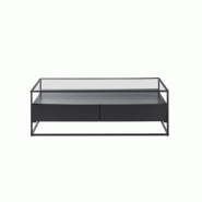 Table basse design Edmonton 120 cm - noir mat, plateau en verre trempé, piètement métal noir, 2 tiroirs_3