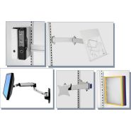 Desserte informatique - hauteur 1650 mm - avec montants perforés, tablette basse, support clavier et écran, rampe électrique, roulettes avec freins_3