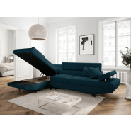 Canapé d'angle méridienne coffre gauche RINO convertible bleu canard - pieds laqués noir - 3 têtières réglables et 2 coussins déco_3
