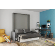 Armoire lit escamotable DJUKE SOFA - Canapé gris 160x200 cm avec bandeau blanc mat_3