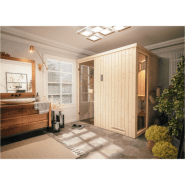 Cabine de sauna 194x144x199 avec poêle HARVIA VEGA 8KW à commande déportée - Bois d'épicéa et tilleul - Portes en verre trempé_3
