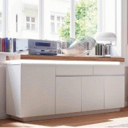 Buffet Romina - 4 portes, 2 tiroirs, laqué blanc mat, plateau chêne noueux huilé avec LED intégrées_3