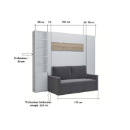 Lit escamotable 140 blanc mat avec bandeau chêne - DJUKE SOFA gris - 2 colonnes intégrées_3