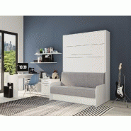 Armoire lit escamotable Sofa Automatica 140 cm blanche avec canapé intégré en microfibre grise - Mécanique brevetée SEDAC MERAL_3