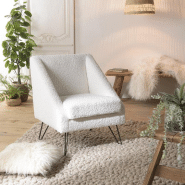 Fauteuil design GOTHY blanc en tissu bouclette - pieds épingles métal noir - style contemporain et élégant_3
