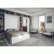 Armoire lit escamotable Traccia - Structure blanche avec canapé intégré en tissu rouge, accoudoirs larges, couchage 160x200 cm_3