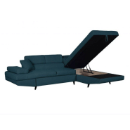 Canapé d'angle méridienne droite RINO - convertible avec coffre - bleu canard - pieds laqués noir - 3 têtières réglables - 2 coussins déco_3