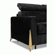 Canapé convertible express ODACIO - Sommier à lattes 140x197 cm - Matelas 16 cm - Têtières réglables - Pieds dorés - Velours noir_3