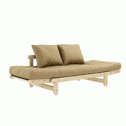 Banquette méridienne futon Beat en pin naturel - Tissu beige blé - Couchage 75x200 cm - Convertible et modulable_3
