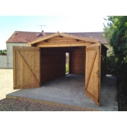 2454 - Garage en bois massif 40mm Gardy Shelter - traité insecticide et fongicide, teinté marron, avec double entrée_3