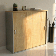 Armoire mi-haute à portes coulissantes - Mobel Linea - 100, Gris aluminium, Chêne veiné_0