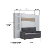 Composition lit escamotable 160 cm blanc mat avec bandeau chêne DJUKE SOFA - Canapé gris et 2 colonnes_3