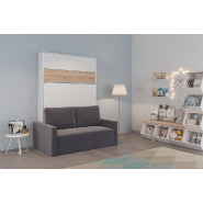 ARMOIRE LIT ESCAMOTABLE DJUKE SOFA BLANC BANDEAU CHÊNE CANAPÉ GRIS 140*200 CM_3
