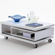 Table basse sur roulettes Angela - coloris blanc avec tiroir rotatif et compartiment ouvert_3