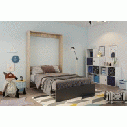 Lit escamotable industriel STUKEY - Chêne et noir mat - 140 x 200 cm avec ferrures décoratives_3