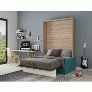 Armoire lit escamotable Bermudes Sofa - Chêne bandeau blanc - Canapé bleu - Couchage 140x200 cm_3