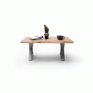 Table basse Claren - Plateau 110 cm en acacia massif naturel laqué - Piétement en X acier brossé_3