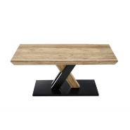 Table basse design Maverick - chêne sauvage acacia, piétement bicolor noir mat/acacia, roulettes intégrées_3