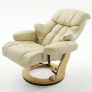 Fauteuil relax CLAIRAC - assise en cuir crème, pied en bois naturel, inclinable à 135° avec repose-pied_3