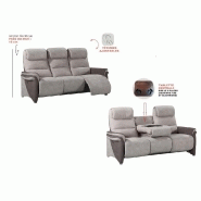 Canapé relax électrique 3 places ZILIA - Microfibre mastic et brun taupé avec têtières ajustables et tablette centrale_3