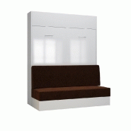 Composition lit escamotable Dynamo Sofa - Façade blanc brillant effet miroir - Canapé marron 3 places - Couchage 160x200 cm - Dimensions 371x100 cm_3