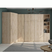 Composition armoire lit escamotable d'angle Lutecia - Chêne naturel - 350x100 cm - Couchage 140x190 cm - Rangements intégrés_3