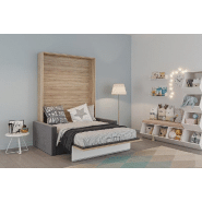 Armoire lit escamotable DJUKE SOFA - Chêne avec bandeau blanc mat - Canapé gris - Couchage 140x200 cm_3