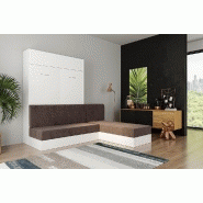 Lit escamotable Dynamo Sofa - Canapé angle méridienne réversible blanc mat tissu marron 140x200 cm avec coffre de rangement_3
