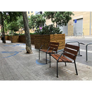 Banc public et fauteuil - assise et dossier en bois tropical verni - 6 lames - piétement en fonte - TOURNESOL_3