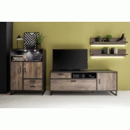 Buffet haut HALTON - 2 tiroirs, 2 portes et 1 niche décorative avec éclairage LED - Décor chêne gris cosmos, style industriel_3