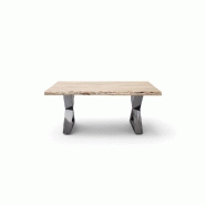 Table basse Claren - Plateau 110 cm en acacia massif naturel laqué, piétement en X acier finition vintage_3