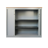 Armoire basse Steelcase d'occasion - gris clair et bois - 100 cm x 104 cm x 43 cm - portes rideaux métalliques_3