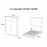 Armoire lit escamotable SMART-V2 - structure gris graphite mat et façade Gloss blanc brillant effet miroir - 160x200 cm_3