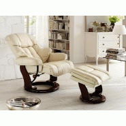 Fauteuil relax CLAIRAC - cuir crème - pied en bois noyer - avec repose-pied - inclinable à 135° et pivotant à 360°_3