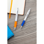 Stylo à bille en plastique - corps silver, grip en caoutchouc de couleur - encre bleue_3