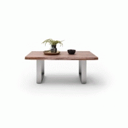 Table basse CLAREN - plateau 110 cm en acacia massif teint noyer - piétement en U acier brossé_3