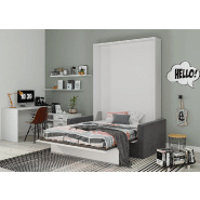 Armoire lit escamotable DJUKE SOFA - Blanc mat avec canapé gris 160x200 cm - Structure en panneaux mélaminés_3
