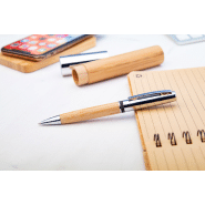 Stylo à bille en métal et bambou - Étui tube en bambou avec capuchon chromé - Encre bleue_3